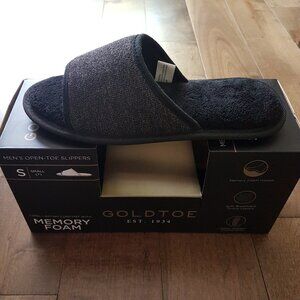 GoldToe Men's Memory Foam Open-Toe Indoor/Outdoor Black/Dark Gray Slippers, S